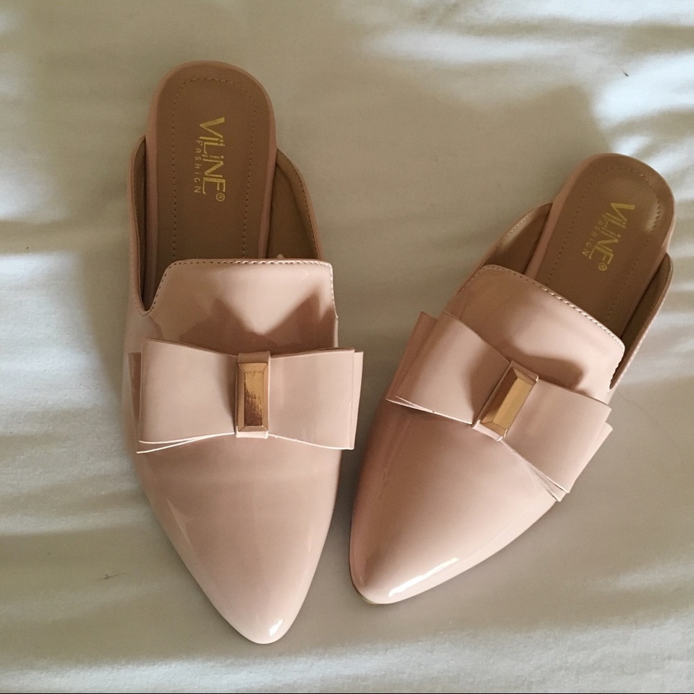 Nude Pink backless flat mules, gold stripe on hill - Picture 5 of 6